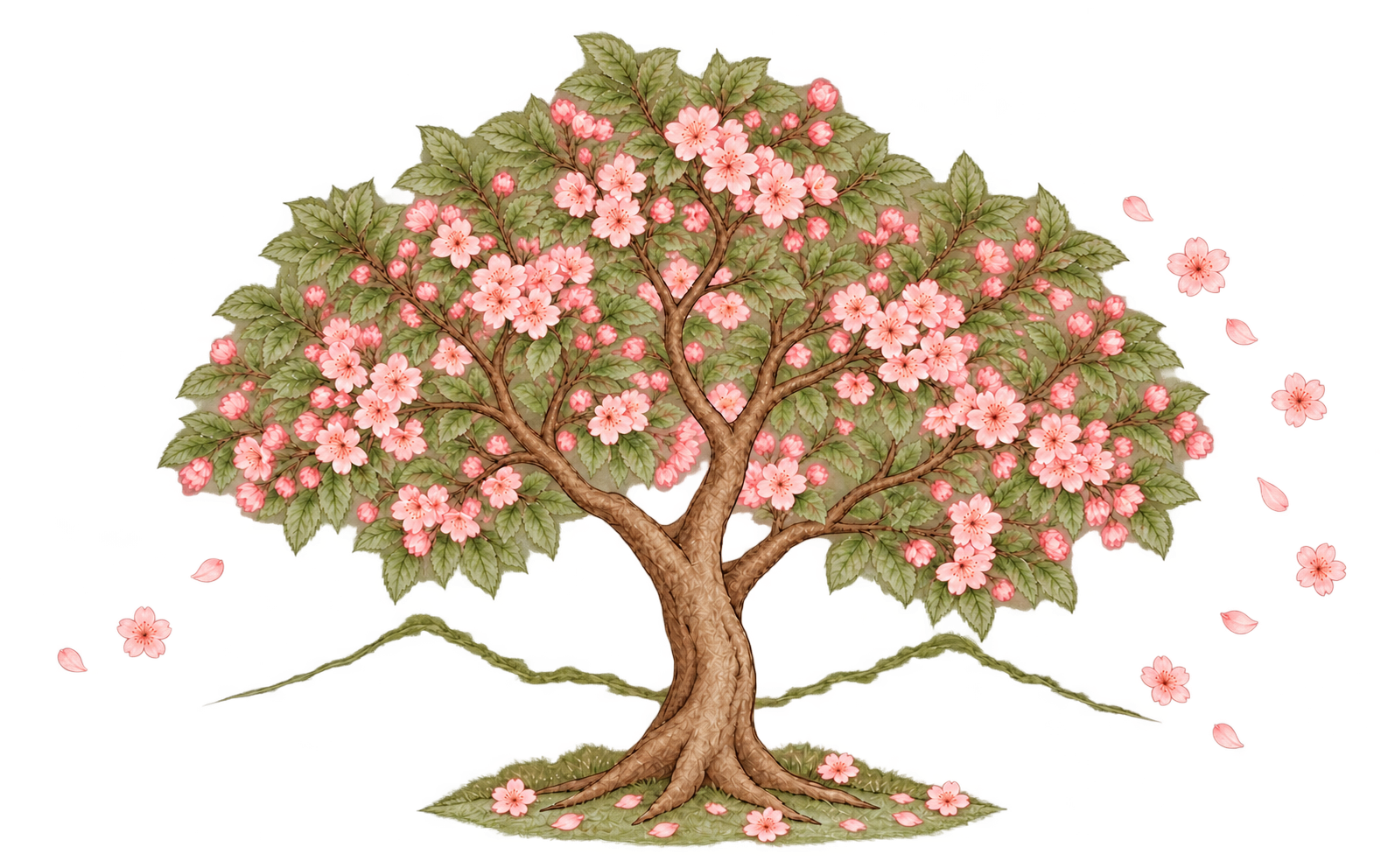 A flourishing tree with pink blossoms drifting through the air and settling on the ground around its roots