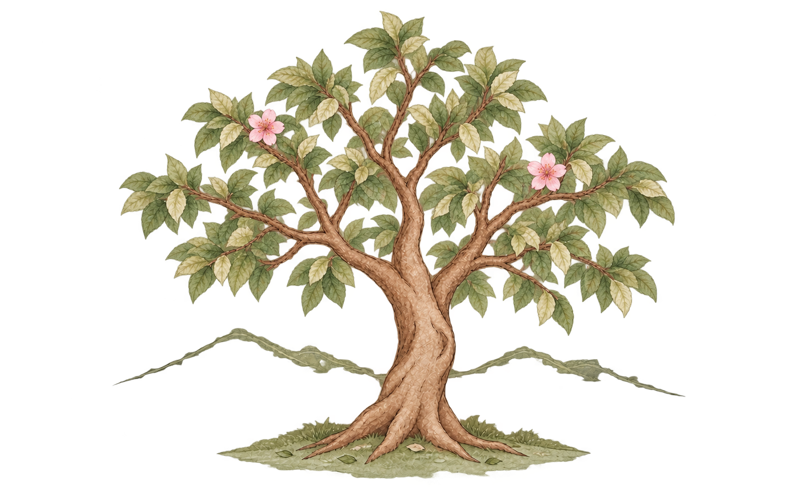 A tree with a partly filled green canopy and its first two pink blossoms